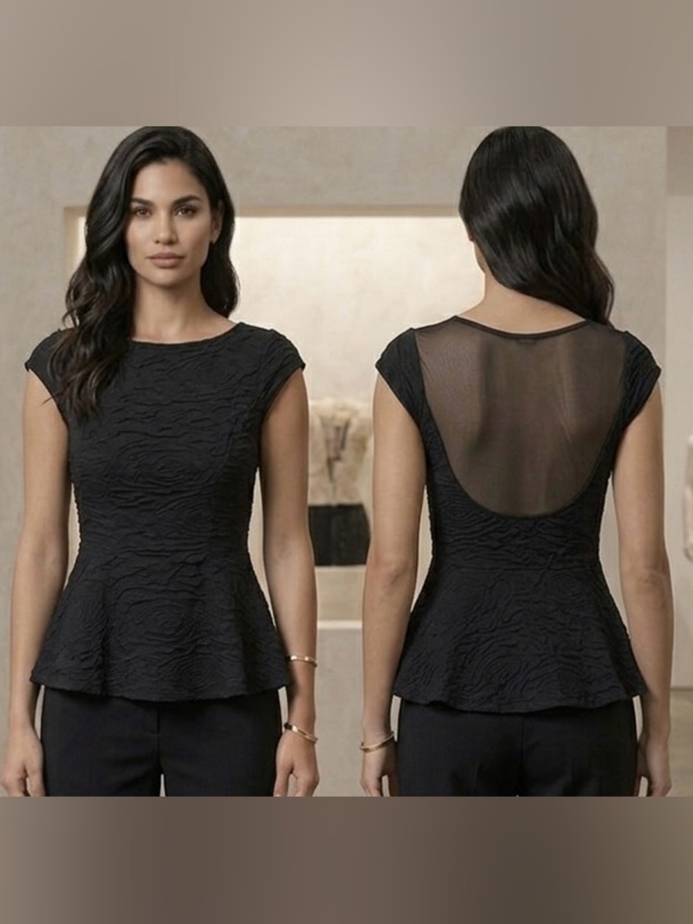 Bar III Black Textured  Swirl Cap Sleeve Peplum Top Sheer Mesh Upper Back Size X